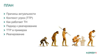 ПЛАН
Причины актуальности
Контекст угроз (ТТР)
Как работает ТН
Подход к реагированию
ТТР в примерах
Реагирование
 