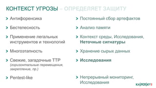 КОНТЕКСТ УГРОЗЫ – ОПРЕДЕЛЯЕТ ЗАЩИТУ
Постоянный сбор артефактов
Анализ памяти
Контекст среды, Исследования,
Неточные сигнатуры
Хранение сырых данных
Исследования
Непрерывный мониторинг,
Исследования
Антифоренсика
Бестелесность
Применение легальных
инструментов и технологий
Многоэтапность
Свежие, загадочные ТТР
(горизонтальные перемещения,
закрепление, пр.)
Pentest-like
 