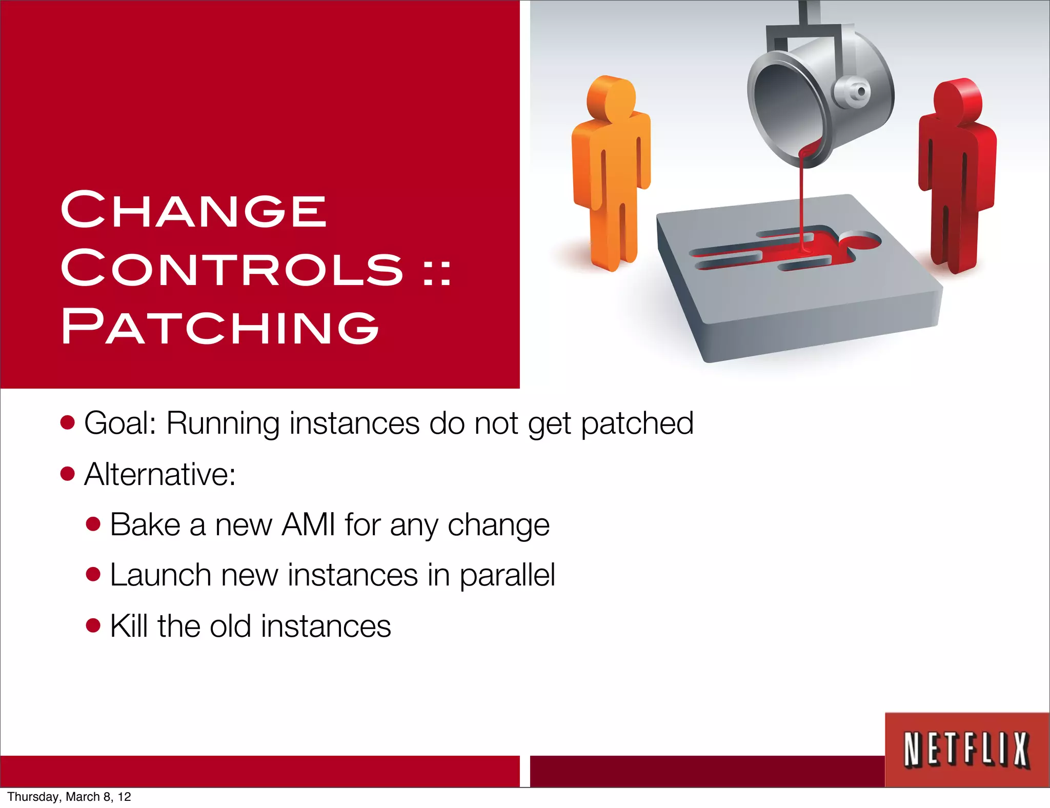 Change
        Controls ::
        Patching
        • Goal: Running instances do not get patched
        • Alternative:
          • Bake a new AMI for any change
          • Launch new instances in parallel
          • Kill the old instances



Thursday, March 8, 12
 