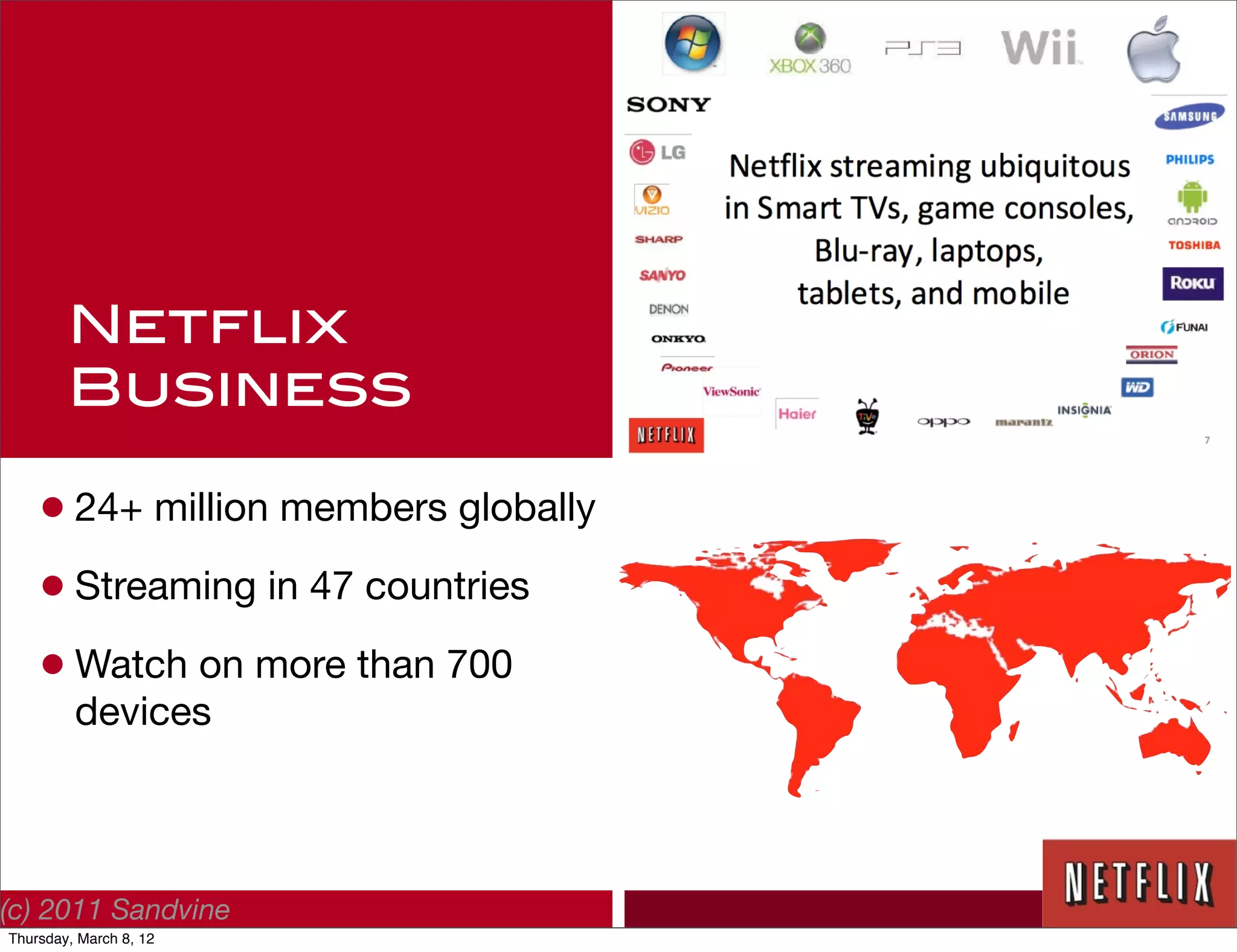 Netflix
        Business

    • 24+ million members globally
    • Streaming in 47 countries
    • Watch on more than 700
         devices



(c) 2011 Sandvine
Thursday, March 8, 12
 