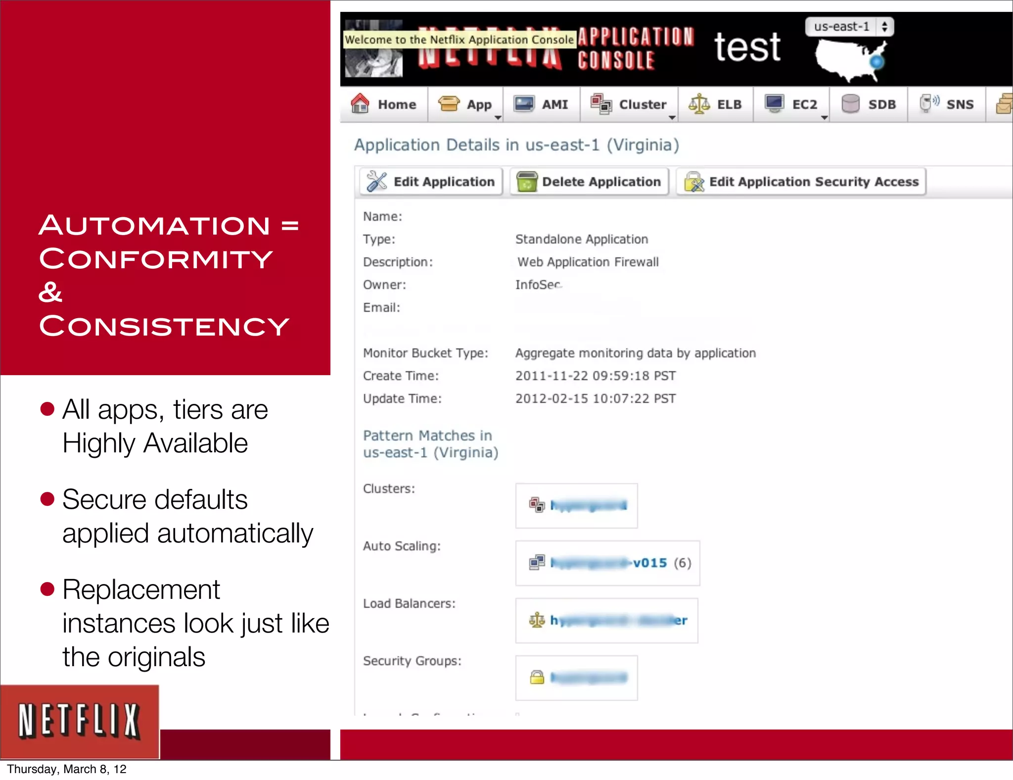 Automation =
     Conformity
     &
     Consistency


     • All apps, tiers are
         Highly Available

     • Secure defaults
         applied automatically

     • Replacement
         instances look just like
         the originals


Thursday, March 8, 12
 