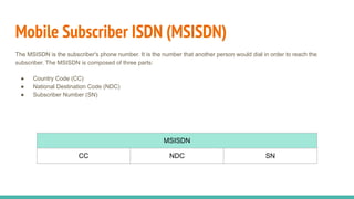 Mobile Subscriber ISDN (MSISDN)
The MSISDN is the subscriber's phone number. It is the number that another person would dial in order to reach the
subscriber. The MSISDN is composed of three parts:
● Country Code (CC)
● National Destination Code (NDC)
● Subscriber Number (SN)
MSISDN
CC NDC SN
 