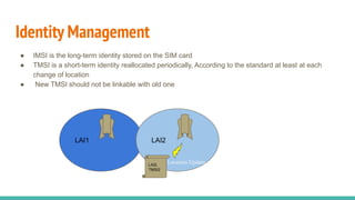 Identity Management
● IMSI is the long-term identity stored on the SIM card
● TMSI is a short-term identity reallocated periodically, According to the standard at least at each
change of location
● New TMSI should not be linkable with old one
LAI1 LAI2
LAI2,
TMSI2
Location Update
 