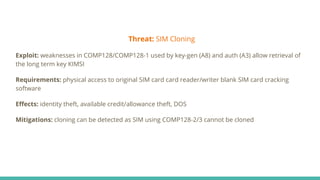 Threat: SIM Cloning
Exploit: weaknesses in COMP128/COMP128-1 used by key-gen (A8) and auth (A3) allow retrieval of
the long term key KIMSI
Requirements: physical access to original SIM card card reader/writer blank SIM card cracking
software
Eﬀects: identity theft, available credit/allowance theft, DOS
Mitigations: cloning can be detected as SIM using COMP128-2/3 cannot be cloned
 