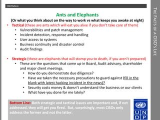 THEFACTSOFACISO’SLIFE
CISO Platform
3
Ants and Elephants
(Or what you think about on the way to work vs what keeps you awa...