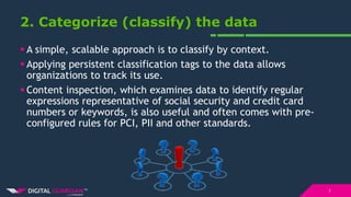 2. Categorize (classify) the data
 A simple, scalable approach is to classify by context.
 Applying persistent classification tags to the data allows
organizations to track its use.
 Content inspection, which examines data to identify regular
expressions representative of social security and credit card
numbers or keywords, is also useful and often comes with pre-
configured rules for PCI, PII and other standards.
7
 
