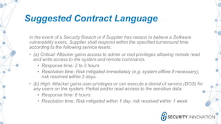 Suggested Contract Language
In the event of a Security Breach or if Supplier has reason to believe a Software
vulnerability exists, Supplier shall respond within the specified turnaround time
according to the following service levels:
• (a) Critical: Attacker gains access to admin or root privileges allowing remote read
and write access to the system and remote commands.
• Response time: 2 to 3 hours
• Resolution time: Risk mitigated immediately (e.g. system offline if necessary),
risk resolved within 3 days.
• (b) High: Attacker gains user privileges or can execute a denial of service (DOS) for
any users on the system. Partial and/or read access to the sensitive data.
• Response time: 8 hours
• Resolution time: Risk mitigated within 1 day, risk resolved within 1 week
 