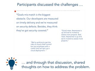 Participants discussed the challenges …
… and through that discussion, shared
thoughts on how to address the problem.
The image cannot be displayed. Your computer may not have enough memory to open the image, or the image may have been corrupted. Restart your computer, and then open the file again. If the red x still appears, you may have to delete the image and then insert it again.
“Goals mis-match is the biggest
obstacle. Our developers are measured
on timely delivery and we’re measured
on security defects. Besides, they think
they’ve got security covered.” “Good news: Awareness is
up and we’re invited to
assess more projects. Bad
news: Awareness is up and
we’re invited to assess more
projects.”
“We’re working to get the
risks of cloud under control
but any employee with a
credit card can spin up a
cloud deployment. “
 
