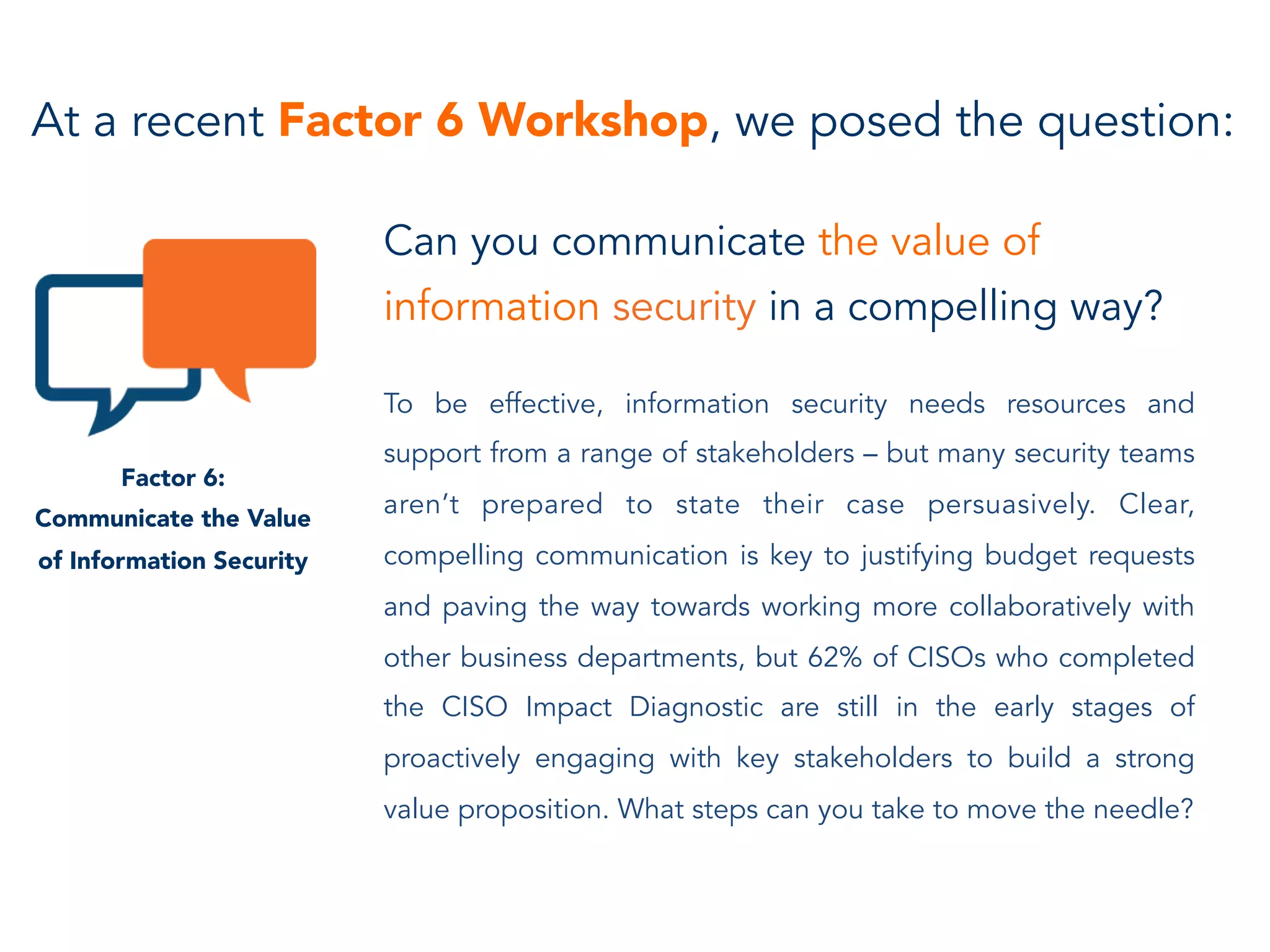 Can you communicate the value of
information security in a compelling way?
To be effective, information security needs resources and
support from a range of stakeholders – but many security teams
aren’t prepared to state their case persuasively. Clear,
compelling communication is key to justifying budget requests
and paving the way towards working more collaboratively with
other business departments, but 62% of CISOs who completed
the CISO Impact Diagnostic are still in the early stages of
proactively engaging with key stakeholders to build a strong
value proposition. What steps can you take to move the needle?
At a recent Factor 6 Workshop, we posed the question:
Factor 6:
Communicate the Value
of Information Security
 