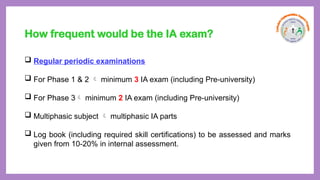  Regular periodic examinations
 For Phase 1 & 2  minimum 3 IA exam (including Pre-university)
 For Phase 3 minimum 2 IA exam (including Pre-university)
 Multiphasic subject  multiphasic IA parts
 Log book (including required skill certifications) to be assessed and marks
given from 10-20% in internal assessment.
How frequent would be the IA exam?
 
