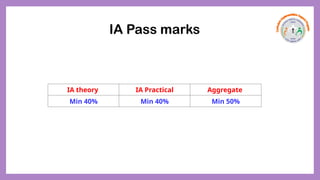 IA theory IA Practical Aggregate
Min 40% Min 40% Min 50%
IA Pass marks
 