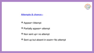 Attempts & chance:-
 Appear= Attempt
 Partially appear= attempt
 Non sent up= no attempt
 Sent up but absent in exam= No attempt
 