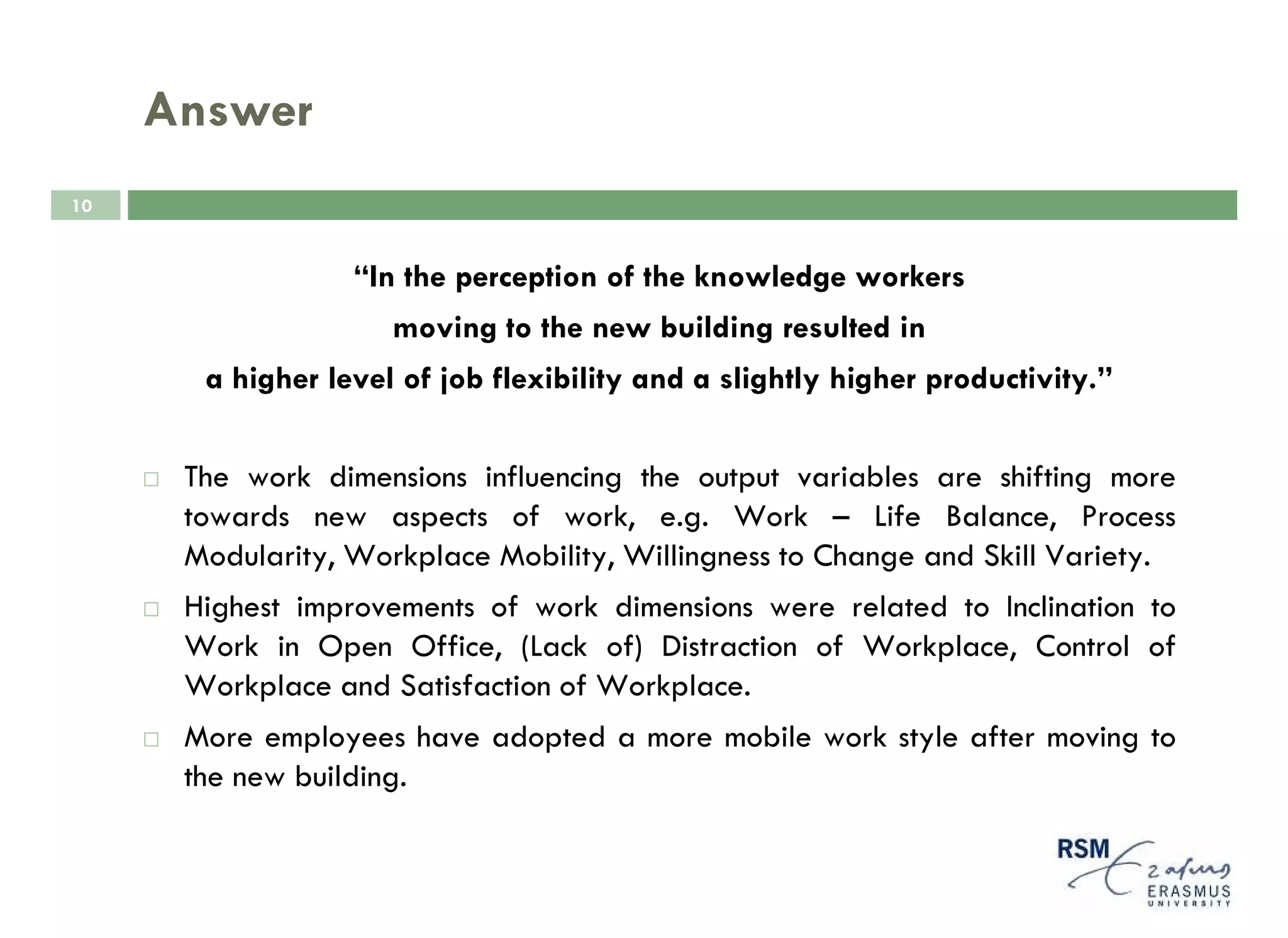 Answer
10


                  “In the perception of the knowledge workers
                     moving to the new building resulted in
       a higher level of job flexibility and a slightly higher productivity.”

      The work dimensions influencing the output variables are shifting more
      towards new aspects of work, e.g. Work – Life Balance, Process
      Modularity, Workplace Mobility, Willingness to Change and Skill Variety.
      Highest improvements of work dimensions were related to Inclination to
      Work in Open Office, (Lack of) Distraction of Workplace, Control of
      Workplace and Satisfaction of Workplace.
      More employees have adopted a more mobile work style after moving to
      the new building.
 