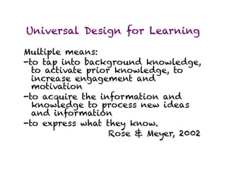 Universal Design for Learning

Multiple means:
-to tap into background knowledge,
  to activate prior knowledge, to
  increase engagement and
  motivation
-to acquire the information and
  knowledge to process new ideas
  and information
-to express what they know.
                   Rose & Meyer, 2002
 