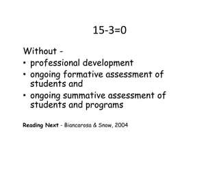 15-­‐3=0	
  
Without -
•  professional development
•  ongoing formative assessment of
   students and
•  ongoing summative assessment of
   students and programs

Reading Next - Biancarosa & Snow, 2004	
  
 