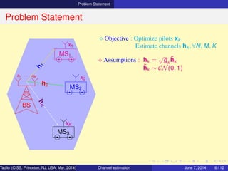 Problem Statement
Problem Statement
BS
a1 · · · aM
MS1
MS2
MS3
h
1
h2
hK
x1
x2
xK
⋄ Objective : Optimize pilots xk
Estimate channels hk , ∀N, M, K
⋄ Assumptions : hk =
√
gk
˜hk
˜hk ∼ CN(0, 1)
Tadilo (CISS, Princeton, NJ, USA, Mar. 2014) Channel estimation March 20, 2014 6 / 12
 