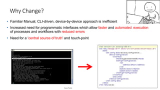 Why Change?
• Familiar Manual, CLI-driven, device-by-device approach is inefficient
• Increased need for programmatic interfaces which allow faster and automated execution
of processes and workflows with reduced errors
• Need for a ‘central source of truth’ and touch-point
Cisco Public
 