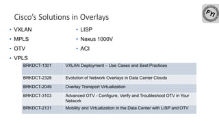 Cisco’s Solutions in Overlays
• VXLAN
• MPLS
• OTV
• VPLS
• LISP
• Nexus 1000V
• ACI
BRKDCT-1301 VXLAN Deployment – Use Cases and Best Practices
BRKDCT-2328 Evolution of Network Overlays in Data Center Clouds
BRKDCT-2049 Overlay Transport Virtualization
BRKDCT-3103 Advanced OTV - Configure, Verify and Troubleshoot OTV in Your
Network
BRKDCT-2131 Mobility and Virtualization in the Data Center with LISP and OTV
 