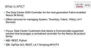 What Is APIC?
• The Data Center SDN Controller for the next-generation Fabric-enabled
Nexus 9k family
• Offers services for managing System, Tenant(s), Fabric, VM(s), L4-7
Services
• Focus: Data Center Customers that desire a Commercially-supported
solution that leverages a centralized controller for the Nexus 9k product
family
• NBI: REST, Python
• SBI: OpFlex ACI, REST, L4-7 Scripting API/VTY
 