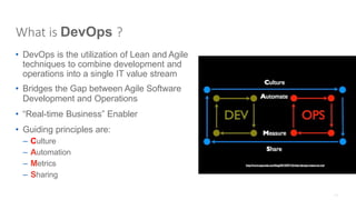 What is DevOps ?
• DevOps is the utilization of Lean and Agile
techniques to combine development and
operations into a single IT value stream
• Bridges the Gap between Agile Software
Development and Operations
• “Real-time Business” Enabler
• Guiding principles are:
– Culture
– Automation
– Metrics
– Sharing
 