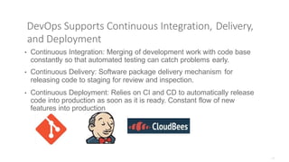 DevOps Supports Continuous Integration, Delivery,
and Deployment
• Continuous Integration: Merging of development work with code base
constantly so that automated testing can catch problems early.
• Continuous Delivery: Software package delivery mechanism for
releasing code to staging for review and inspection.
• Continuous Deployment: Relies on CI and CD to automatically release
code into production as soon as it is ready. Constant flow of new
features into production
 