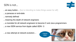 SDN is not…
I Wants
SDN
…a new attempt at network evolution…
…an easy button… [but is intending to make things easier for all!]
…a panacea or end-state
…narrowly defined
…meaning the death of network engineers
…a mandate for all network engineers to become C and Java programmers
…a new ISDN service from Apple called iSDN 
 