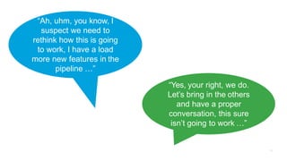 “Ah, uhm, you know, I
suspect we need to
rethink how this is going
to work, I have a load
more new features in the
pipeline …”
“Yes, your right, we do.
Let’s bring in the others
and have a proper
conversation, this sure
isn’t going to work …”
 