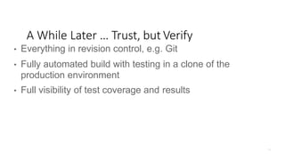 • Everything in revision control, e.g. Git
• Fully automated build with testing in a clone of the
production environment
• Full visibility of test coverage and results
A While Later … Trust, but Verify
 