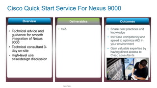 Cisco Quick Start Service For Nexus 9000
Overview Deliverables Outcomes
• Share best practices and
knowledge
• Increase competency and
speed to optimize ACI in
your environment
• Gain valuable expertise by
having direct access to
Cisco consultants
• N/A
Cisco Public
• Technical advice and
guidance for smooth
integration of Nexus
9000
• Technical consultant 3-
day on-site
• High-level use
case/design discussion
 