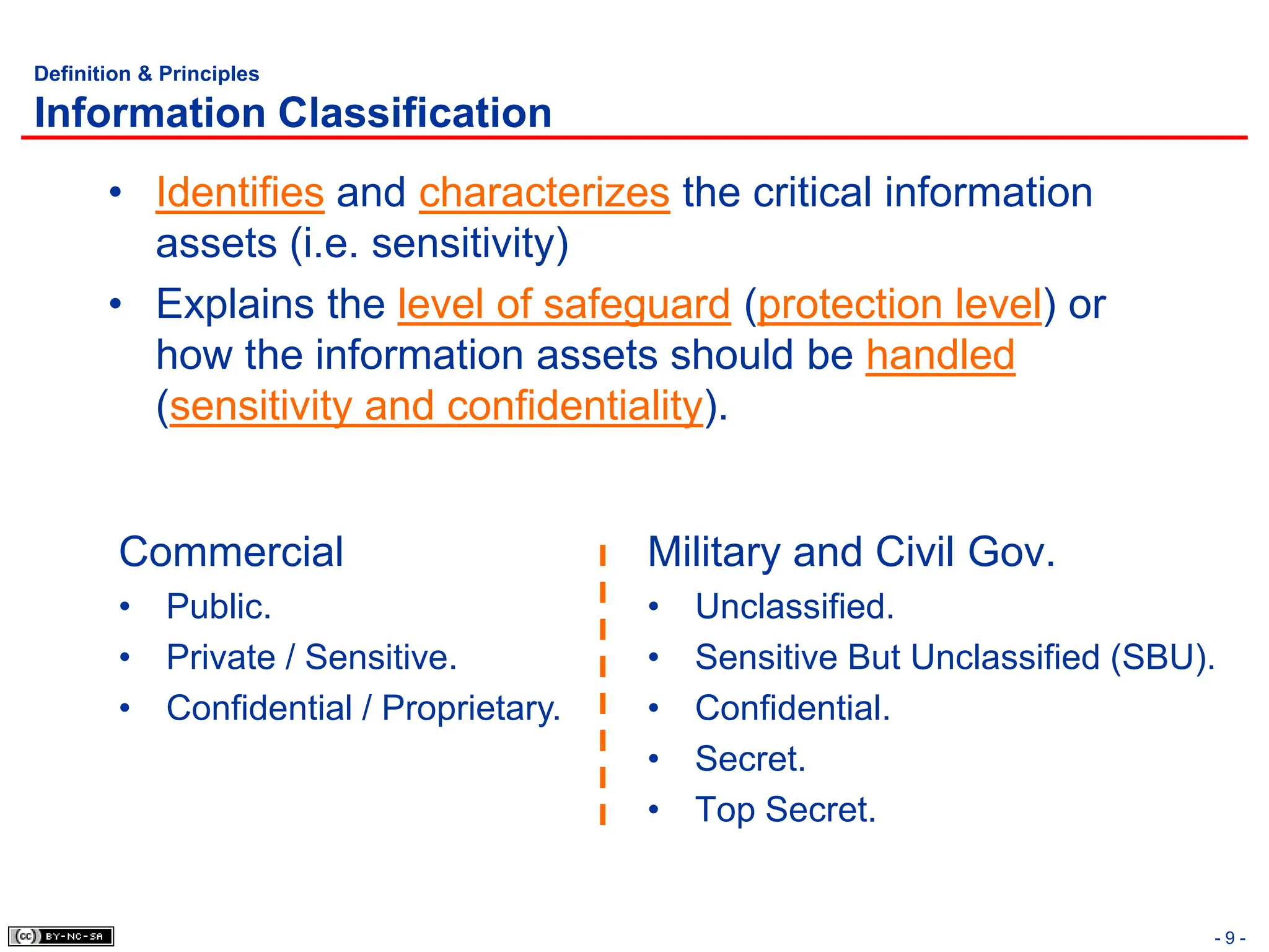 - 9 -
Definition & Principles
Information Classification
• Identifies and characterizes the critical information
assets (i.e. sensitivity)
• Explains the level of safeguard (protection level) or
how the information assets should be handled
(sensitivity and confidentiality).
Military and Civil Gov.
• Unclassified.
• Sensitive But Unclassified (SBU).
• Confidential.
• Secret.
• Top Secret.
Commercial
• Public.
• Private / Sensitive.
• Confidential / Proprietary.
 