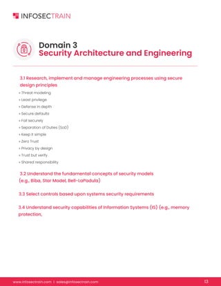 www.infosectrain.com I sales@infosectrain.com 13
3.1 Research, implement and manage engineering processes using secure
design principles
3.2 Understand the fundamental concepts of security models
(e.g., Biba, Star Model, Bell-LaPadula)
3.3 Select controls based upon systems security requirements
3.4 Understand security capabilities of Information Systems (IS) (e.g., memory
protection,
» Threat modeling
» Least privilege
» Defense in depth
» Secure defaults
» Fail securely
» Separation of Duties (SoD)
» Keep it simple
» Zero Trust
» Privacy by design
» Trust but verify
» Shared responsibility
Domain 3
Security Architecture and Engineering
 