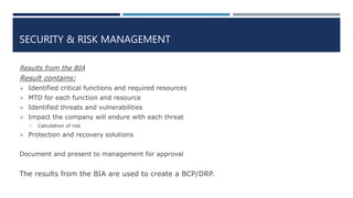 SECURITY & RISK MANAGEMENT
Results from the BIA
Result contains:
 Identified critical functions and required resources
 MTD for each function and resource
 Identified threats and vulnerabilities
 Impact the company will endure with each threat
 Calculation of risk
 Protection and recovery solutions
Document and present to management for approval
The results from the BIA are used to create a BCP/DRP.
 