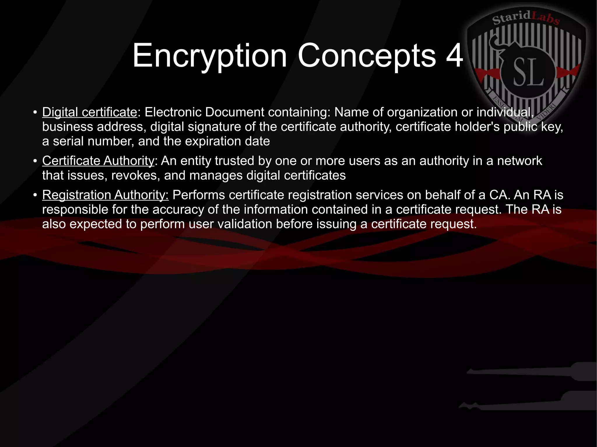 Encryption Concepts 4
● Digital certificate: Electronic Document containing: Name of organization or individual,
business address, digital signature of the certificate authority, certificate holder's public key,
a serial number, and the expiration date
● Certificate Authority: An entity trusted by one or more users as an authority in a network
that issues, revokes, and manages digital certificates
● Registration Authority: Performs certificate registration services on behalf of a CA. An RA is
responsible for the accuracy of the information contained in a certificate request. The RA is
also expected to perform user validation before issuing a certificate request.
 