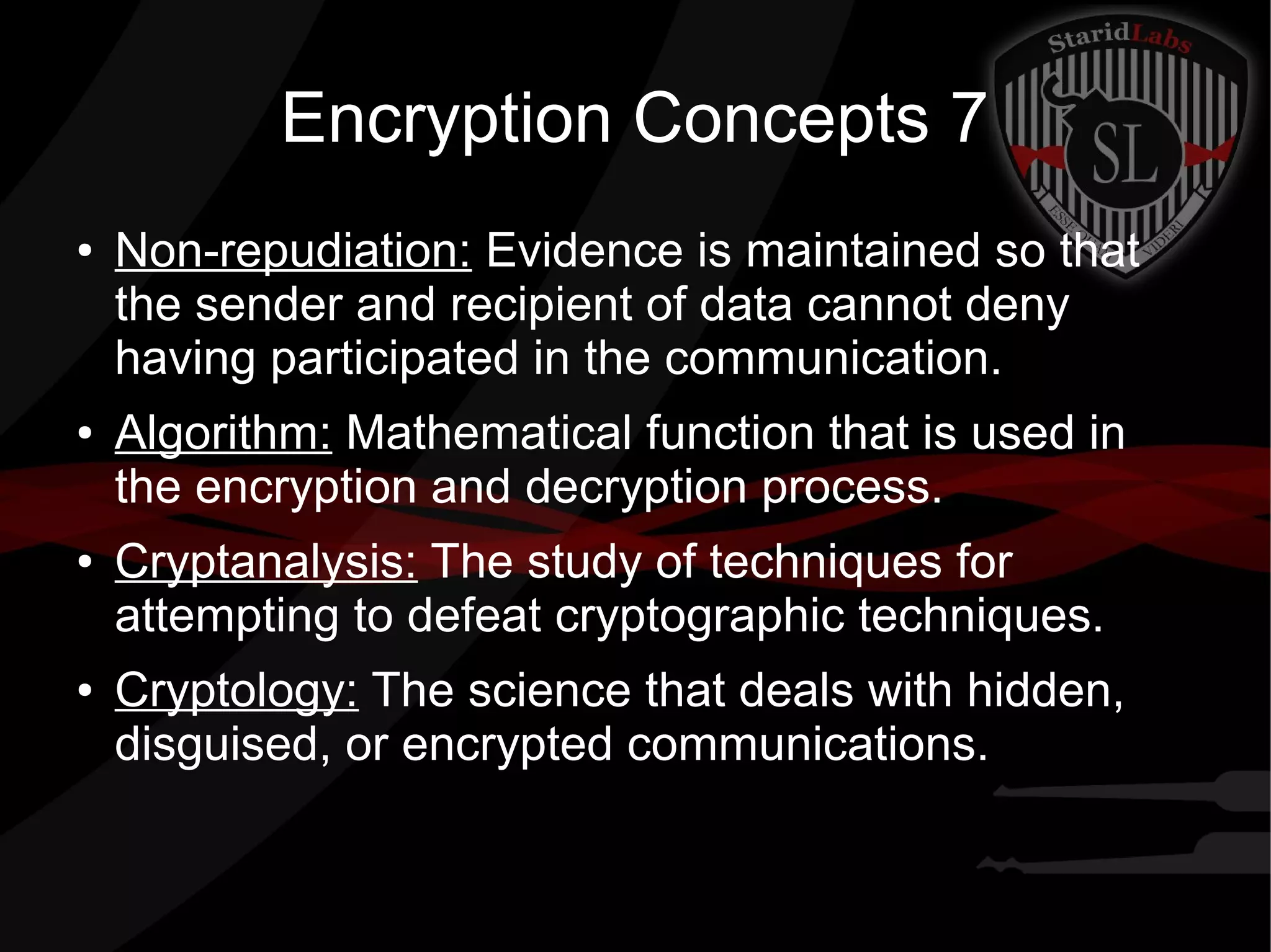 Encryption Concepts 7
● Non-repudiation: Evidence is maintained so that
the sender and recipient of data cannot deny
having participated in the communication.
● Algorithm: Mathematical function that is used in
the encryption and decryption process.
● Cryptanalysis: The study of techniques for
attempting to defeat cryptographic techniques.
● Cryptology: The science that deals with hidden,
disguised, or encrypted communications.
 