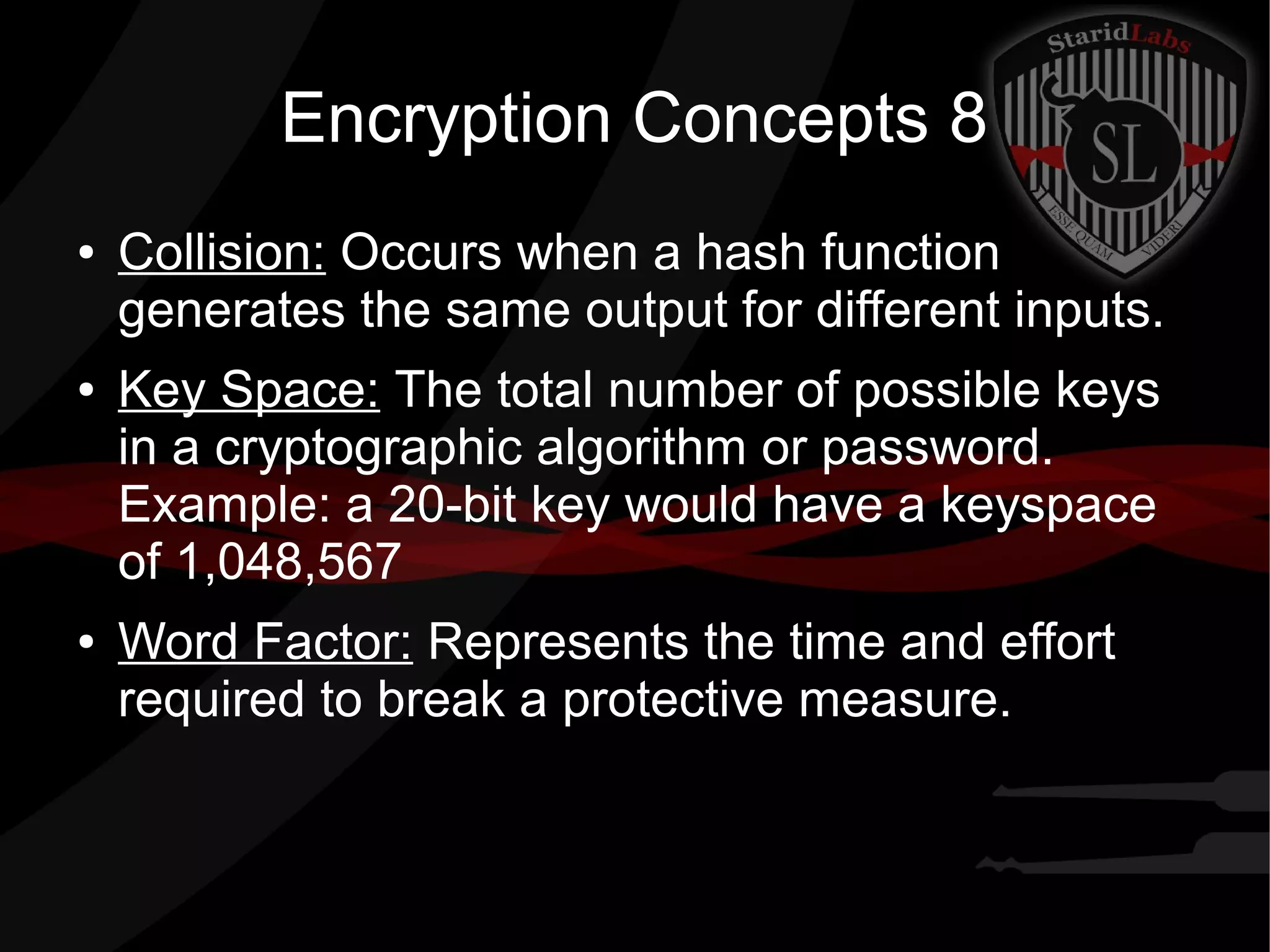 Encryption Concepts 8
● Collision: Occurs when a hash function
generates the same output for different inputs.
● Key Space: The total number of possible keys
in a cryptographic algorithm or password.
Example: a 20-bit key would have a keyspace
of 1,048,567
● Word Factor: Represents the time and effort
required to break a protective measure.
 