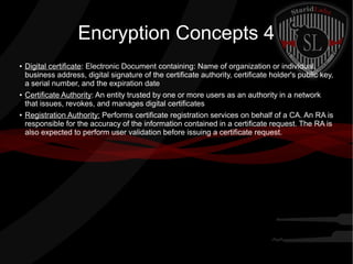 Encryption Concepts 4
● Digital certificate: Electronic Document containing: Name of organization or individual,
business address, digital signature of the certificate authority, certificate holder's public key,
a serial number, and the expiration date
● Certificate Authority: An entity trusted by one or more users as an authority in a network
that issues, revokes, and manages digital certificates
● Registration Authority: Performs certificate registration services on behalf of a CA. An RA is
responsible for the accuracy of the information contained in a certificate request. The RA is
also expected to perform user validation before issuing a certificate request.
 