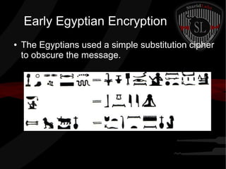 Early Egyptian Encryption
● The Egyptians used a simple substitution cipher
to obscure the message.
 
