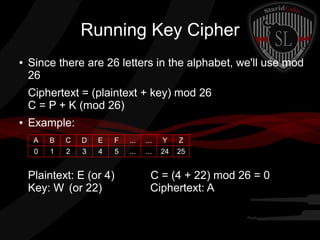 Running Key Cipher
● Since there are 26 letters in the alphabet, we'll use mod
26
Ciphertext = (plaintext + key) mod 26
C = P + K (mod 26)
● Example:
Plaintext: E (or 4) C = (4 + 22) mod 26 = 0
Key: W (or 22) Ciphertext: A
A B C D E F ... ... Y Z
0 1 2 3 4 5 ... ... 24 25
 