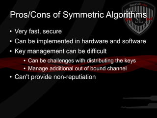 Pros/Cons of Symmetric Algorithms
● Very fast, secure
● Can be implemented in hardware and software
● Key management can be difficult
● Can be challenges with distributing the keys
● Manage additional out of bound channel
● Can't provide non-reputiation
 