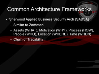 Common Architecture Frameworks
●

Sherwood Applied Business Security Arch (SABSA)
–

Similar to Zachman

–

Assets (WHAT), Motivation (WHY), Process (HOW),
People (WHO), Location (WHERE), Time (WHEN)

–

Chain of Tracability

 