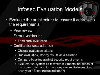 Infosec Evaluation Models
●

Evaluate the architecture to ensure it addresses
the requirements
–

Peer review

–

Formal verification
●

–

Third party evaluation

Certification/accreditation
●
●
●
●

Choose evaluation criteria
Run evaluation, storing results as a baseline
Compare baseline against security requirements
Evaluate the system as to whether it meets the needs of
the organization and for how long (accreditation expires
each year? Each product release?)

 