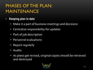 PHASES OF THE PLAN:
MAINTENANCE
• Keeping plan in date
• Make it a part of business meetings and decisions
• Centralize responsibility for updates
• Part of job description
• Personnel evaluations
• Report regularly
• Audits
• As plans get revised, original copies should be retrieved
and destroyed
117
 