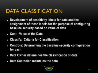 DATA CLASSIFICATION
 Development of sensitivity labels for data and the
assignment of those labels for the purpose of configuring
baseline security based on value of data
 Cost: Value of the Data
 Classify: Criteria for Classification
 Controls: Determining the baseline security configuration
for each
 Data Owner determines the classification of data
 Data Custodian maintains the data
123
 