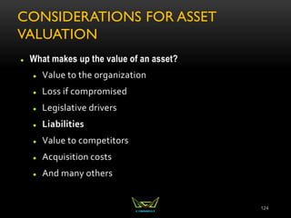 CONSIDERATIONS FOR ASSET
VALUATION
 What makes up the value of an asset?
 Value to the organization
 Loss if compromised
 Legislative drivers
 Liabilities
 Value to competitors
 Acquisition costs
 And many others
124
 