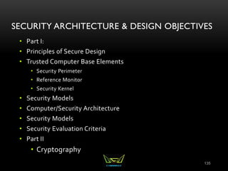 SECURITY ARCHITECTURE & DESIGN OBJECTIVES
• Part I:
• Principles of Secure Design
• Trusted Computer Base Elements
• Security Perimeter
• Reference Monitor
• Security Kernel
• Security Models
• Computer/Security Architecture
• Security Models
• Security Evaluation Criteria
• Part II
• Cryptography
135
 