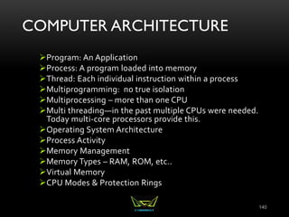 COMPUTER ARCHITECTURE
Program: An Application
Process: A program loaded into memory
Thread: Each individual instruction within a process
Multiprogramming: no true isolation
Multiprocessing – more than one CPU
Multi threading—in the past multiple CPUs were needed.
Today multi-core processors provide this.
Operating System Architecture
Process Activity
Memory Management
Memory Types – RAM, ROM, etc..
Virtual Memory
CPU Modes & Protection Rings
140
 