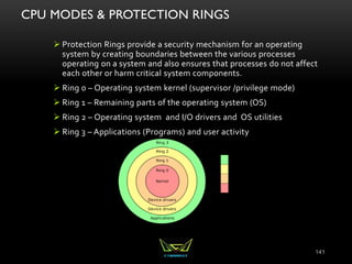 CPU MODES & PROTECTION RINGS
 Protection Rings provide a security mechanism for an operating
system by creating boundaries between the various processes
operating on a system and also ensures that processes do not affect
each other or harm critical system components.
 Ring 0 – Operating system kernel (supervisor /privilege mode)
 Ring 1 – Remaining parts of the operating system (OS)
 Ring 2 – Operating system and I/O drivers and OS utilities
 Ring 3 – Applications (Programs) and user activity
141
 