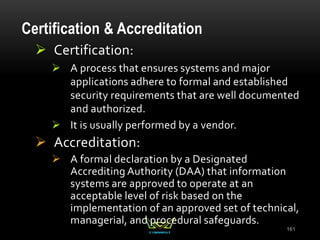 Certification & Accreditation
 Certification:
 A process that ensures systems and major
applications adhere to formal and established
security requirements that are well documented
and authorized.
 It is usually performed by a vendor.
 Accreditation:
 A formal declaration by a Designated
Accrediting Authority (DAA) that information
systems are approved to operate at an
acceptable level of risk based on the
implementation of an approved set of technical,
managerial, and procedural safeguards.
161
 