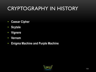 CRYPTOGRAPHY IN HISTORY
• Caesar Cipher
• Scytale
• Vignere
• Vernam
• Enigma Machine and Purple Machine
164
 