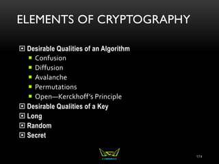 ELEMENTS OF CRYPTOGRAPHY
 Desirable Qualities of an Algorithm
 Confusion
 Diffusion
 Avalanche
 Permutations
 Open—Kerckhoff’s Principle
 Desirable Qualities of a Key
 Long
 Random
 Secret
174
 